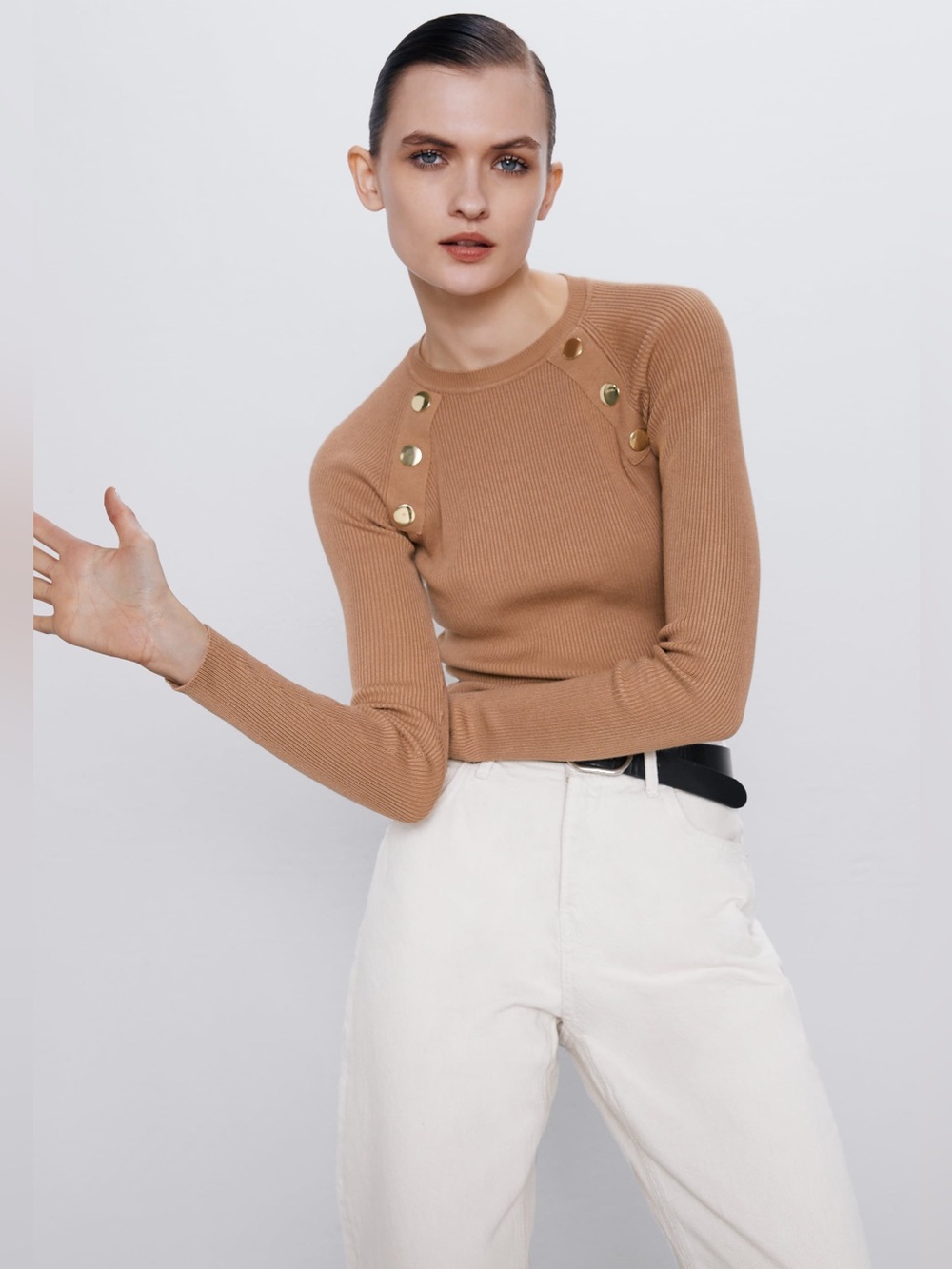 Zara Brown Ribbed Knit Top with Gold Button Details - Size M